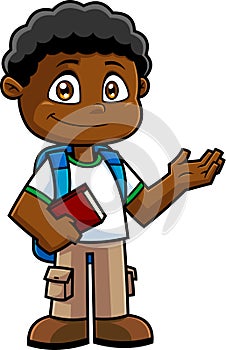 African American School Boy Cartoon Character With Textbooks Speak