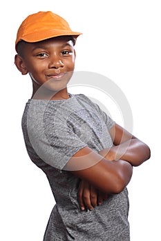 African American school boy folded arms smiling