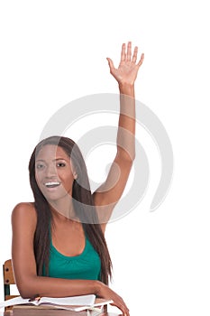 African American schoolgirl raised hand in class