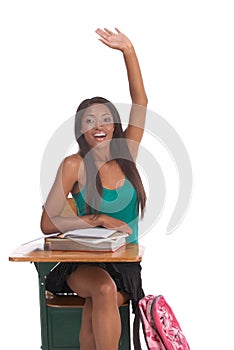 African American schoolgirl raised hand in class