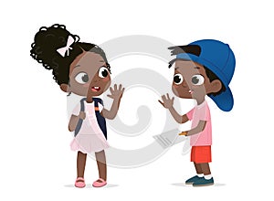 African American schoolkids saying goodbye flat vector illustration. Happy african schoolmates greeting isolated on white cartoon