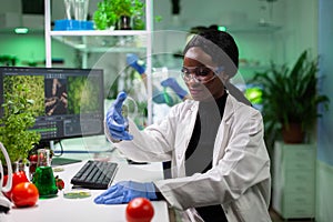 African american scientist holding petri dish with green leaf sample