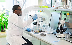 African-american scientist working in lab. Doctor making microbiology research. Laboratory tools: microscope, test tubes