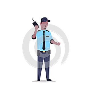 African american security guard man in uniform holding radio police officer speaking walkie talkie male cartoon