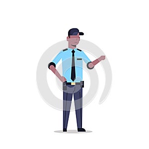 African american security guard man in uniform point to something police officer male cartoon character full length flat