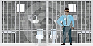 African american security guard near empty prison cell.  Cartoon policeman in uniform. Jail cell staff, prison interior with