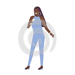 African American singer, vocalist or songstress wearing elegant jumpsuit and holding microphone. Cute female cartoon