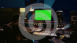 African american sound engineer working in control room with mixing console