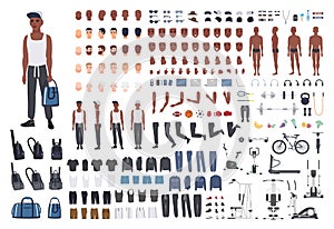 African American sportsman or male athlete DIY or animation kit. Bundle of man`s body elements, sports apparel, training