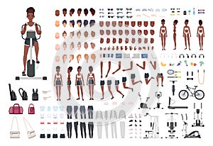 African American sportswoman or female athlete DIY or animation kit. Set of slim girl`s body parts, sports apparel, gym photo