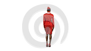 African American stewardess shows gestures with a spare exit . Alpha channel. Back view