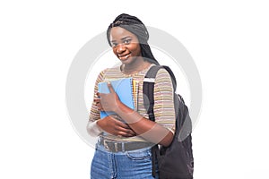 African American student girl holding books isolated on white background
