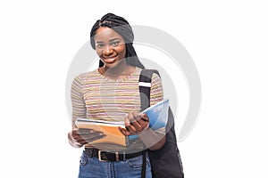 African American student girl holding books isolated on white background