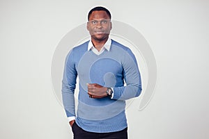 African american stylish business man at the workspace office on white background in studio shot