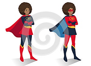 African American superhero woman in costume and mask standing