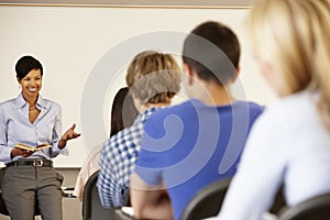 African American teacher teaching at front of class