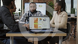 African american team of people using financial charts to work