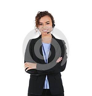 African-American technical support operator with headset