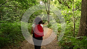 African American teen girl young woman hiking with red backpack and taking photographs with a camera in forest woodland