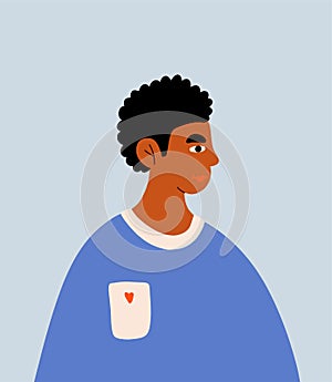 African american teen in t-shirt with heart. Profile portrait of male cartoon character. Concept of tolerance for BLM.