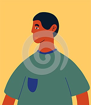 African american teen in t-shirt. Profile portrait of male cartoon character. Concept of tolerance for BLM. Flat vector.