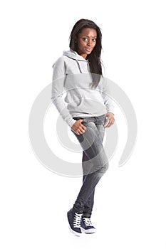 African american teenage girl in jeans and hoodie