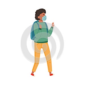 African American Teenager Boy with Backpack Wearing Medical Face Mask Walking Outdoor Vector Illustration