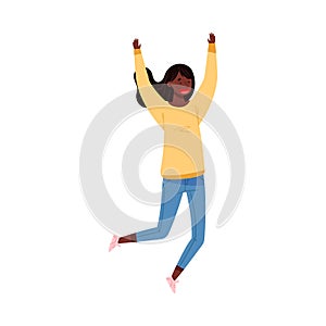 African American Teenager Girl in Casual Sweater and Jeans Jumping Raising Up Hands Vector Illustration