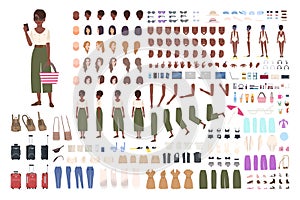 African American traveler woman animation kit. Collection of female tourist body parts, gestures, touristic tools