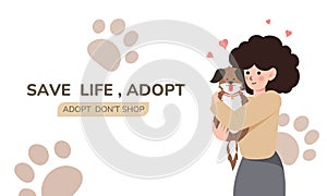 African American woman adopting dog. Banner with female hugging dog flat style, vector illustration