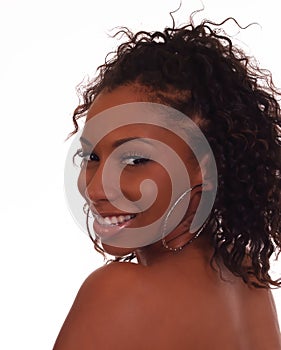 African American Woman Bare Shoulder Portrait White Background photo
