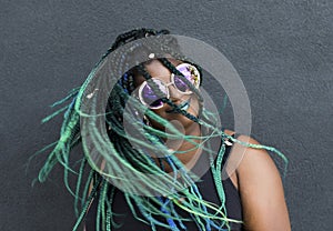 African American Woman with Beautiful Teal Green Blue Braids