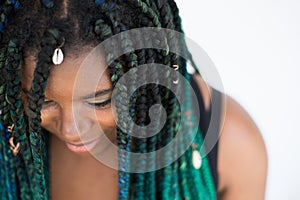 African American Woman with Beautiful Teal Green Blue Braids photo