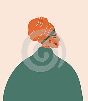 African american woman in beautiful turban. Profile portrait of female cartoon character. Concept of tolerance for BLM.