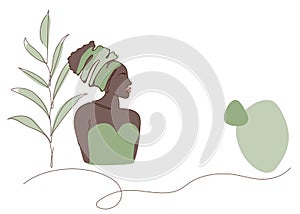 African, American woman, black skin body silhouette in afro or wrap hat with simple shapes and green palm leaf. Vector