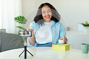 African American Woman Blogger Lady Making Video Via Smartphone Indoors