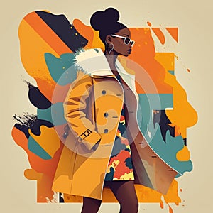 African american woman in bright fashion yellow coat. Elegant stylish young lady with black skin. Generative AI