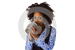 African american woman with can phone