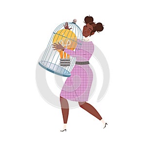 African American Woman Carrying Cage with Light Bulb as Smart Idea and Solution Vector Illustration