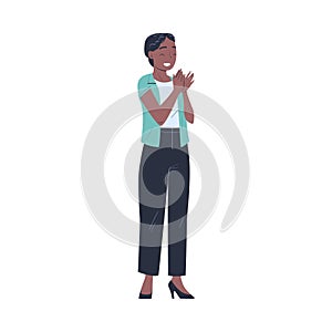 African American Woman Character Standing Ovation Clapping Her Hands as Applause and Acclaim Gesture Vector Illustration