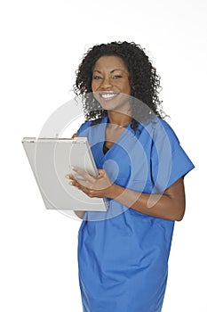 African American woman doctor or nurse writing on the pad