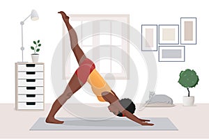 African american woman doing yoga exercises, practicing stretching on mat in yoga studio or home. vector illustration