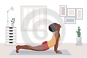 African american woman doing yoga exercises, practicing stretching on mat in yoga studio or home. vector illustration