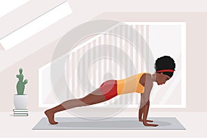 African american woman doing yoga exercises, practicing stretching on mat in yoga studio or home. vector illustration