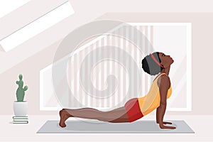 African american woman doing yoga exercises, practicing stretching on mat in yoga studio or home. vector illustration