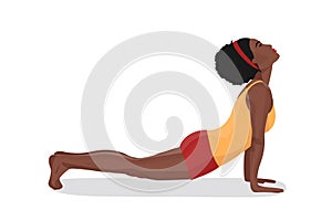 African american woman doing yoga exercises and stretching. Black female character isolated flat vector illustration