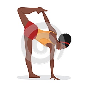 African american woman doing yoga exercises and stretching. Black female character isolated flat vector illustration