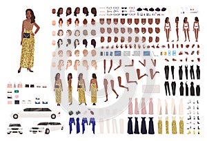 African American woman in evening dress constructor kit or character generator. Set of body parts, elegant clothes and