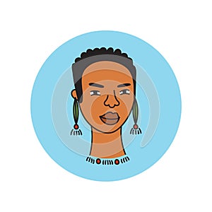 African american woman face,hand drawn logo of negroid race woman with curly hair.Social media avatar, simple round icon.Doodle