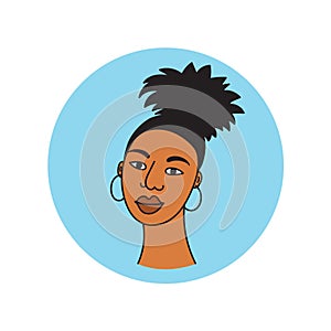 African american woman face,hand drawn logo of negroid race woman with curly hair.Social media avatar, simple round icon.Doodle
